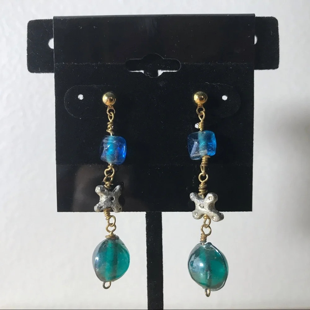Gold Tone Blue Beaded Pierced Dangle Earrings